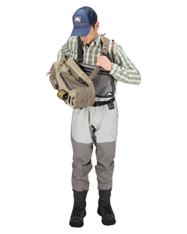 Simms Freestone Ambidextrous Fishing Sling Pack Front Model Open Simms Freestone Ambidextrous Fishing Sling Pack Front Model Open